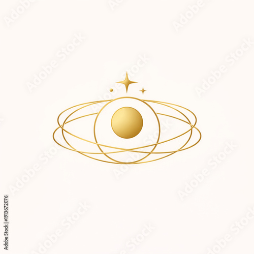 A minimalist gold celestial logo featuring a central sun sphere enclosed in a circular frame, surrounded by elegant orbital rings and topped with shimmering stars. The design radiates luxury 