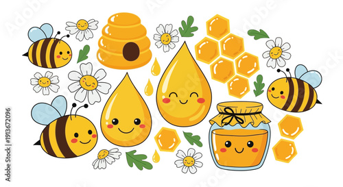 Cartoon honeybee collection bees honey hive flowers and honeycomb elements