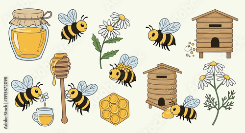 Cartoon honeybee collection bees honey beehive and flowers illustration
