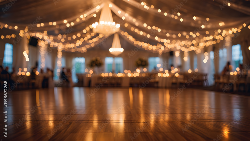 Obraz premium A grand wedding reception hall with sparkling string lights and chandeliers creating a festive ambiance.