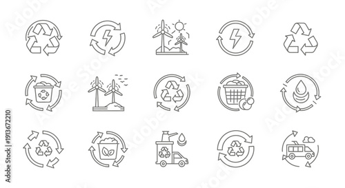 Eco-friendly line icons for recycling, renewable energy, and waste management concepts