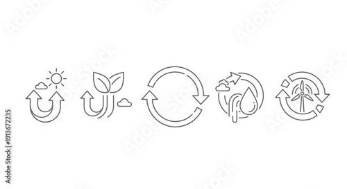 Eco-friendly line icons set: renewable energy, recycling, nature, and sustainability concepts