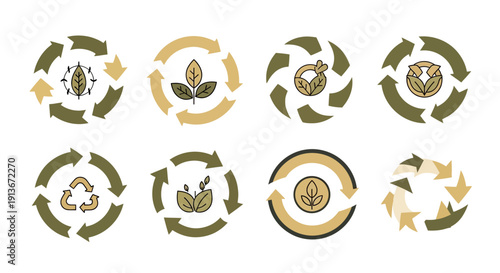 Eco-friendly recycling and sustainability icons set with nature elements