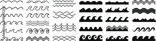set of minimalist wave patterns and water icons featuring outline and solid black vector designs perfect for graphic elements web backgrounds or abstract concepts vector illustration