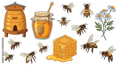 Cartoon honeycomb beehive honey jar bees and flowers isolated illustration