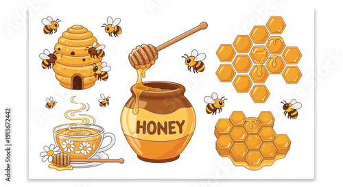 Cartoon honeycomb beehive honey pot cup with bees vector illustration