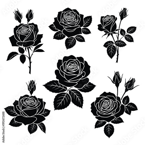 Elegant black rose illustrations with white outlines, featuring various stages of bloom and leaf details, creating a visually appealing floral collection.