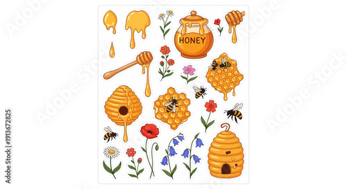 Honey and bees collection decorative elements and nature illustration