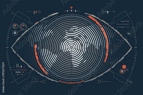 warfare tech or military technology, graphic of lined world map HUD combined with eye and radar interface