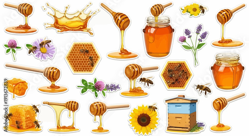 Honey and bees collection illustration of various honey elements
