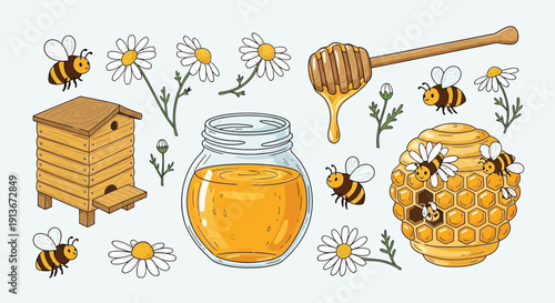Honey and bees collection with flowers and hive elements illustration