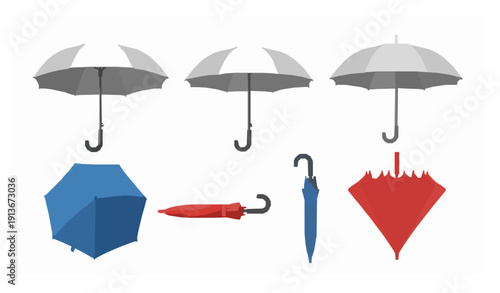 Realistic umbrella icon vector set with open and folded umbrellas isolated on white background