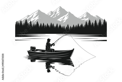 fishing boat silhouette and mountain