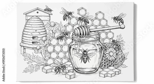 Honey bees artwork depicting bees honeycomb and beehives in detailed illustration