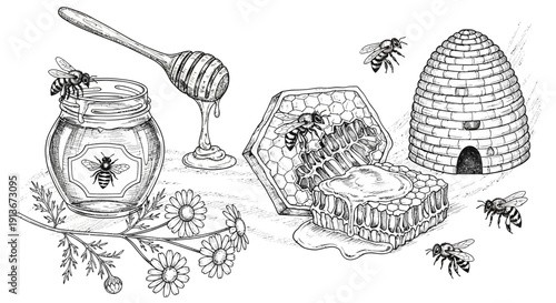 Honey and bees illustrated art detailed black and white composition