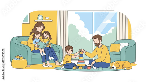 Happy Family Playing Together at Home with Dog