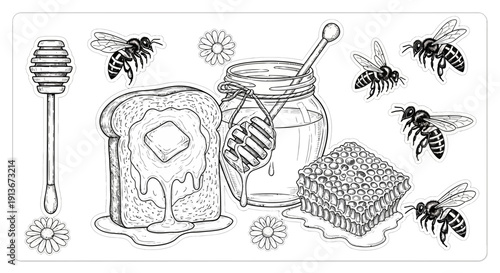Honey and bees illustration with toast and honeycomb elements vector art