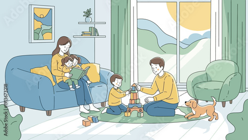 Happy Family Playing Together in Cozy Living Room, Parents Reading and Building Blocks