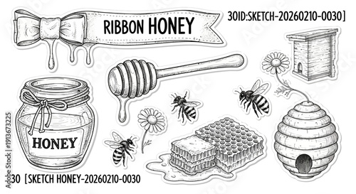 Honey and bees sketch illustration collection for design elements