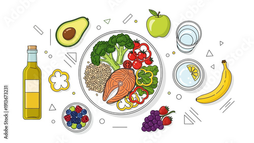 Healthy Food Plate: Salmon, Quinoa, Broccoli, Berries, Fruits, Olive Oil