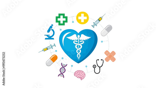 Healthcare and Medical Icons Arranged Around a Blue Heart with Caduceus Symbol