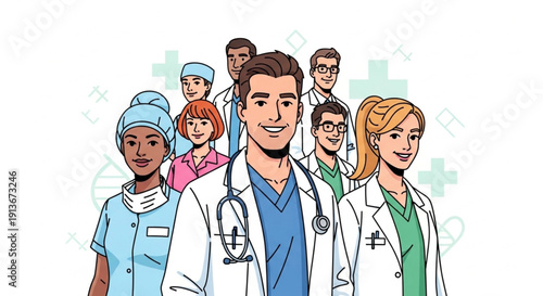 A confident team of doctors and nurses from different backgrounds standing together, representing unity and expertise in the healthcare industry.