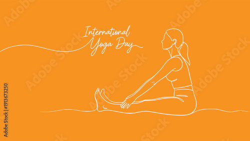 International Yoga Day Continuous Line Art Illustration on Orange