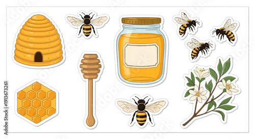 Honey and bees vector illustration of elements in cartoon style
