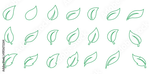 Leaf sprout icon vector set, green leaves plant eco logo symbol simple graphic illustration set, vegan fresh herb pictogram shape sign, organic natural healthy logotype image clip art