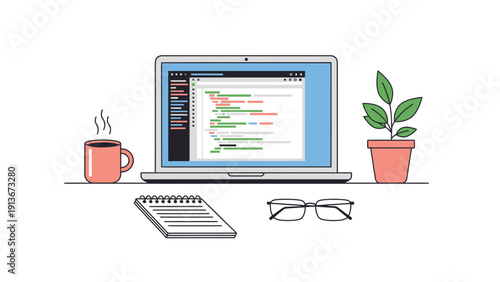 Laptop with code, coffee, plant, and glasses on desk - coding workspace