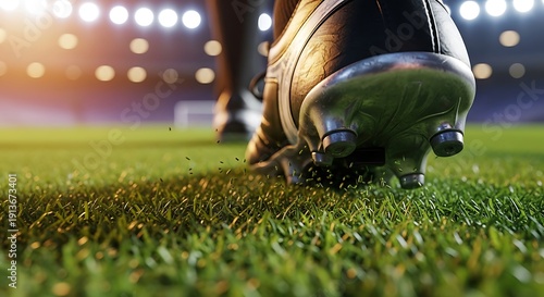 Soccer cleat on green grass at stadium during golden hour sunlight
