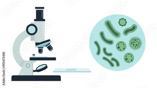 Microscope and petri dish with bacteria and microorganisms, science lab concept