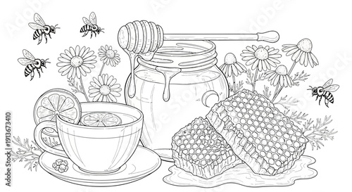 Honey and tea illustration with bees and chamomile flowers vector art