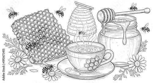 Honey and tea illustration with bees honeycomb and herbal flowers