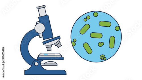 Microscope and petri dish with bacteria, science research illustration