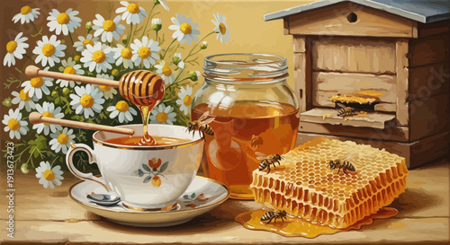 Honey and tea still life with bees honeycomb and daisies