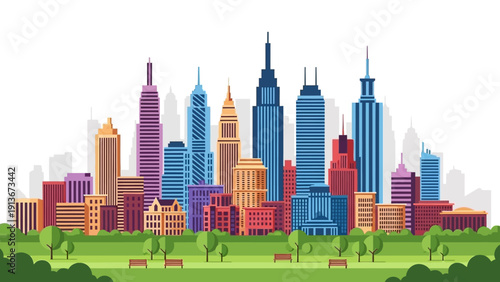 Modern Cityscape Skyline Illustration with Green Park and Bench