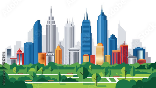 Modern City Park Skyline with Green Trees and Buildings Illustration