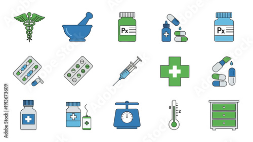Pharmacy Icons: Caduceus, Mortar Pestle, Pills, Syringe, Cross, Scale, Thermometer