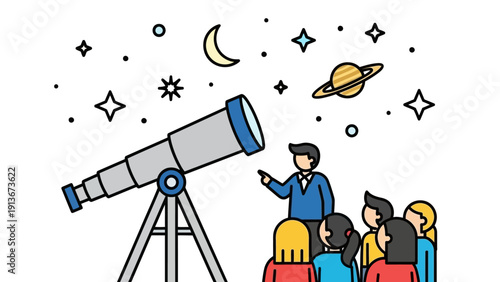 People observe universe with telescope, learning astronomy, stars, moon, planet