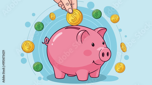 Pink Piggy Bank with Gold Coins Falling, Saving Money Concept