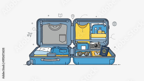 Open Blue Suitcase Packed for Travel, Flat Design, White Background