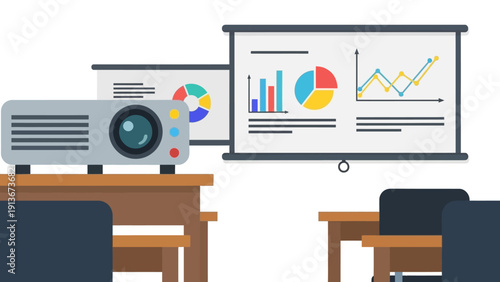 Presentation Room: Projector and Screens with Business Charts and Graphs
