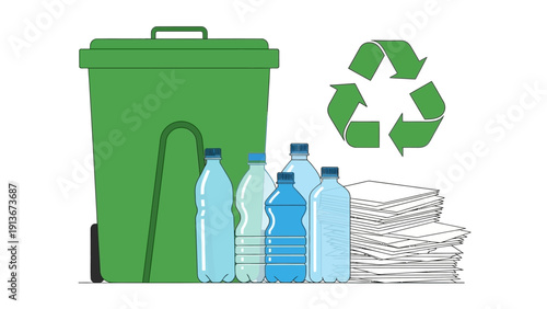 Recycling bin with plastic bottles and paper for waste separation and eco-friendly disposal.