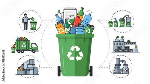 Recycling Bin with Various Waste Materials and Processing Steps Illustration