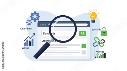 SEO Optimization Concept, Search Engine Analysis, Keywords Research, Digital Marketing Strategy