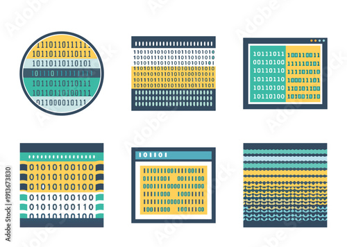 Digital data representations in various formats with binary code illustrations