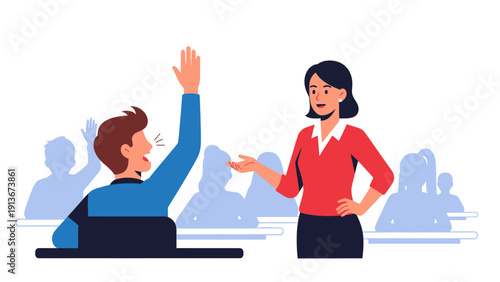 Student raising hand in classroom asking question to teacher, education concept