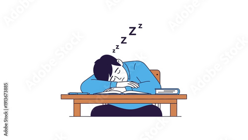 Student sleeping at desk, exhausted from studying, illustration