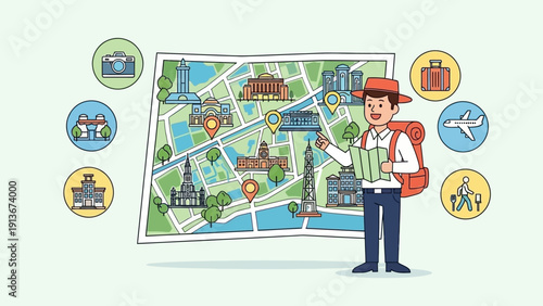 Traveler planning trip with city map, surrounded by landmarks and travel icons.